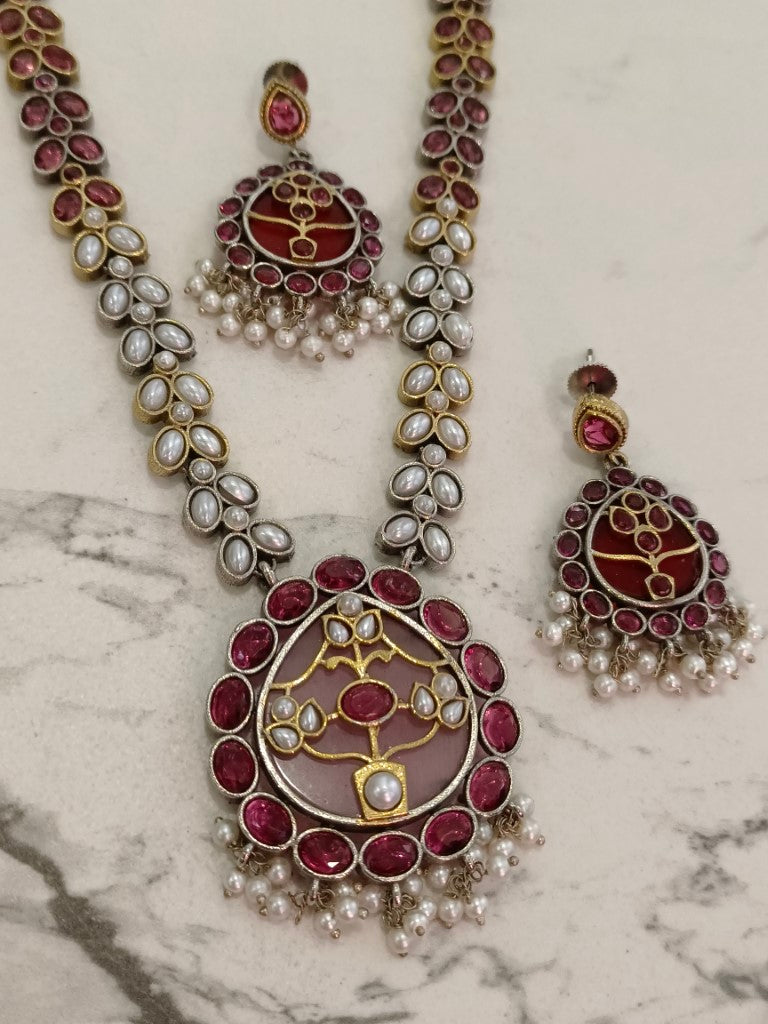 PINK VIOLET GERMAN SILVER JEWELLERY SET