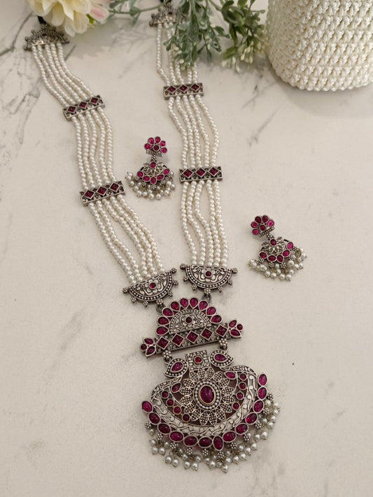 PINK EMALINE GERMAN SILVER JEWELLERY SET