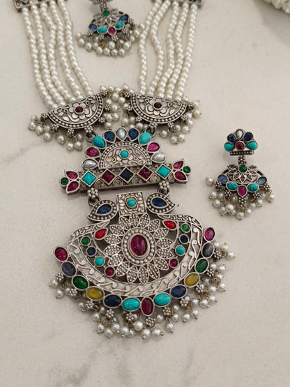 MULTI EMALINE GERMAN SILVER JEWELLERY SET