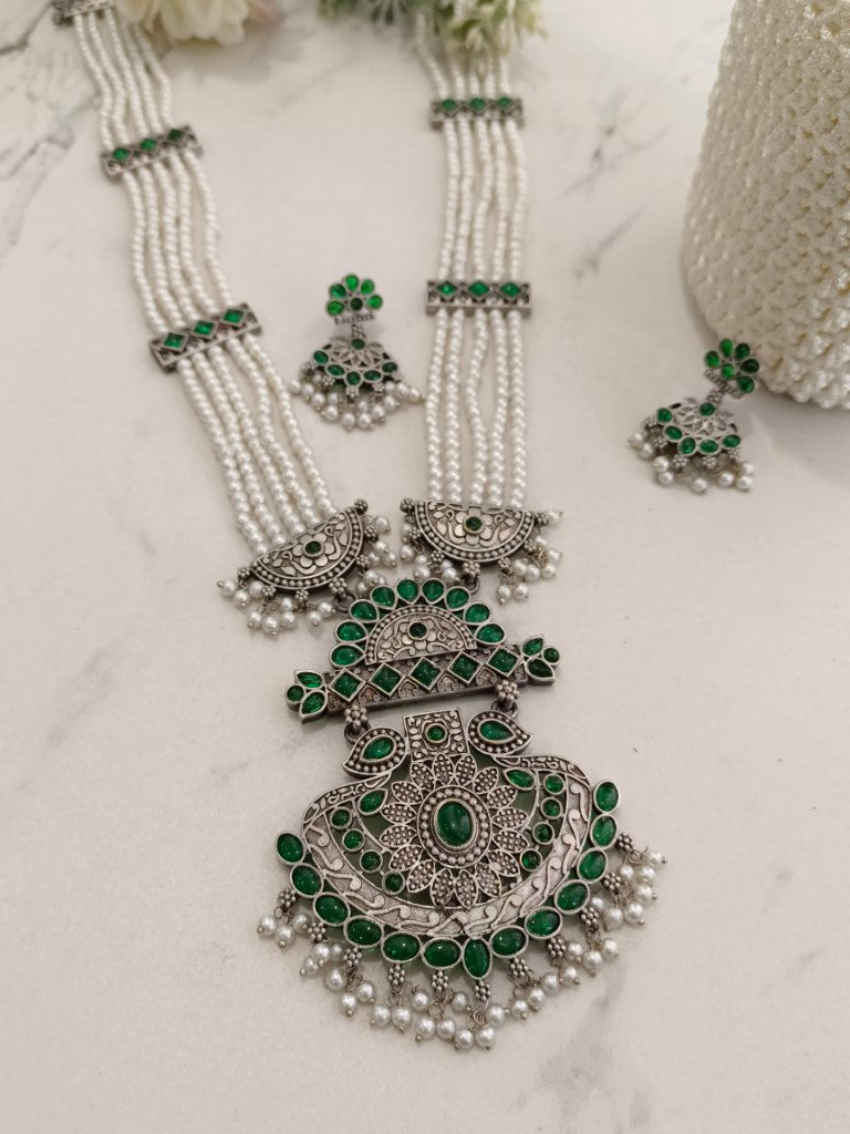 GREEN EMALINE GERMAN SILVER JEWELLERY SET