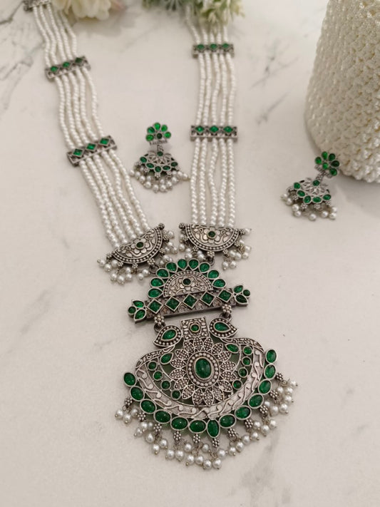GREEN EMALINE GERMAN SILVER JEWELLERY SET