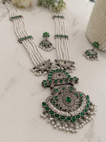 GREEN EMALINE GERMAN SILVER JEWELLERY SET