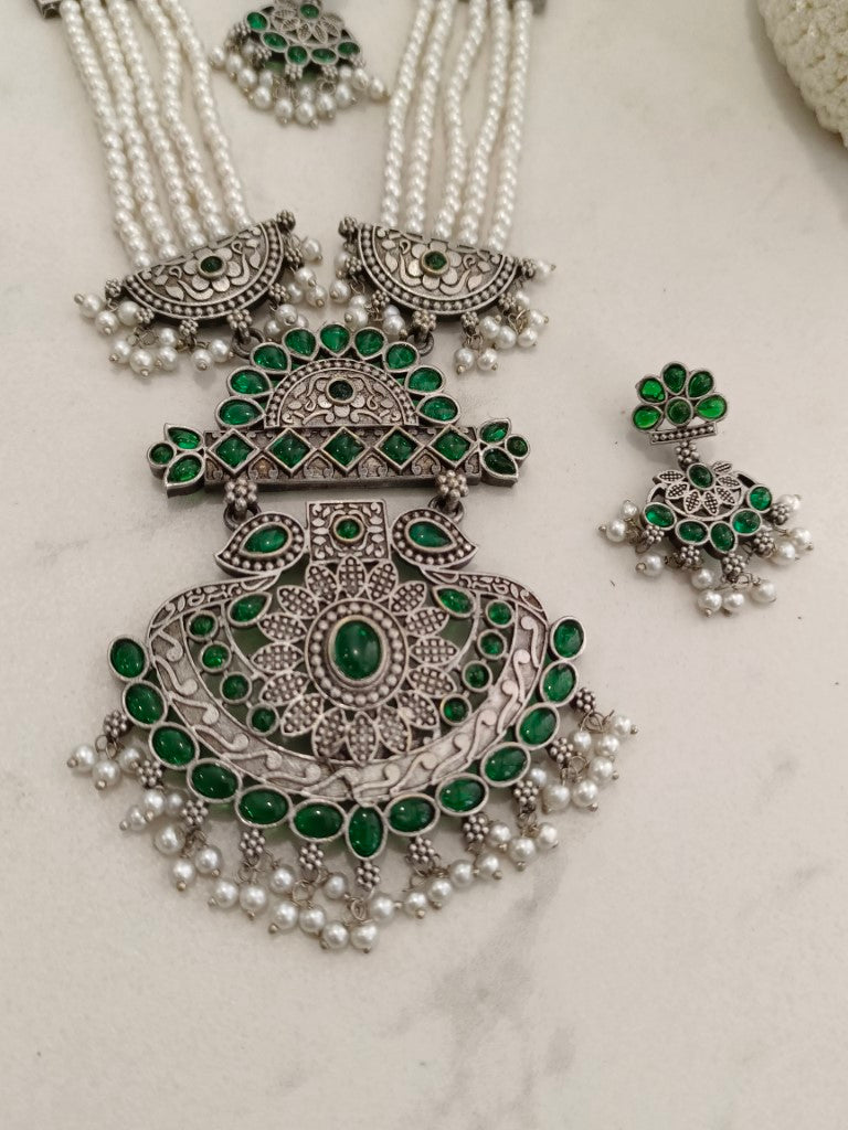 GREEN EMALINE GERMAN SILVER JEWELLERY SET