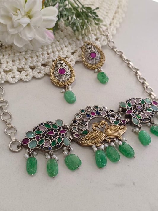 GREEN PANJURLI GERMAN SILVER JEWELLERY SET