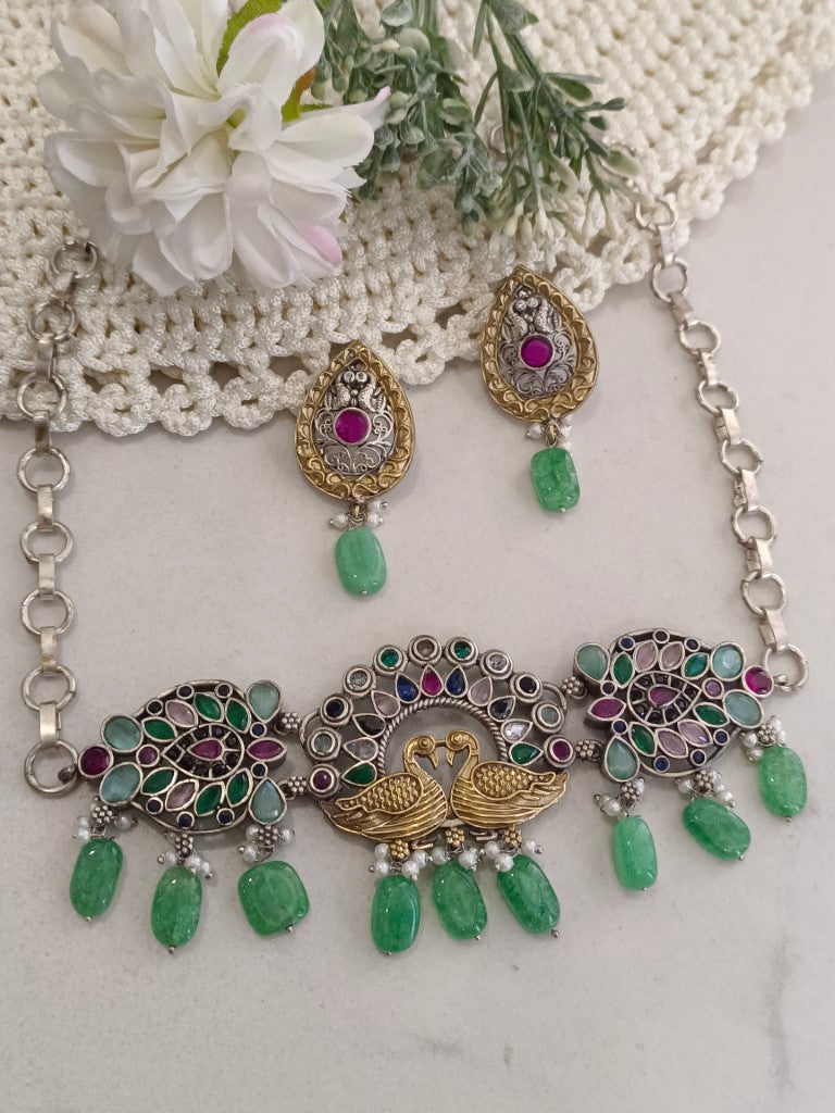 GREEN PANJURLI GERMAN SILVER JEWELLERY SET