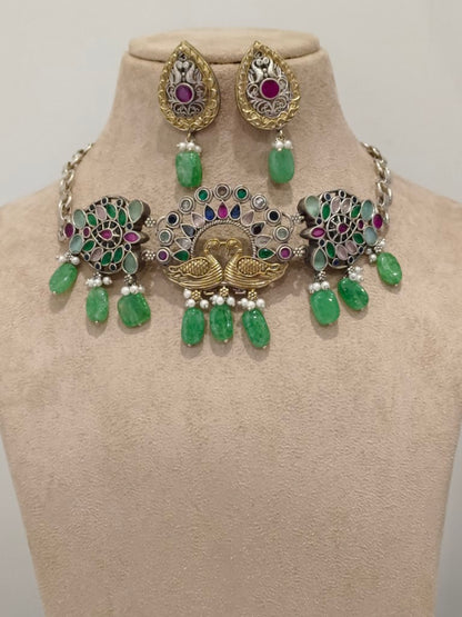 GREEN PANJURLI GERMAN SILVER JEWELLERY SET