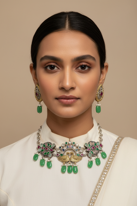 GREEN PANJURLI GERMAN SILVER JEWELLERY SET