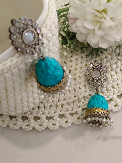 SKY BLUE DHRITI GERMAN SILVER EARRINGS