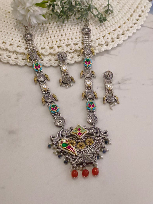 ORANGE BEADS YUKA GERMAN SILVER JEWELLERY SET