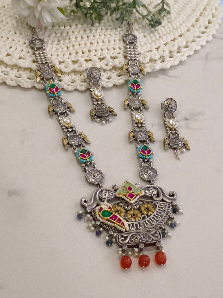 ORANGE BEADS YUKA GERMAN SILVER JEWELLERY SET