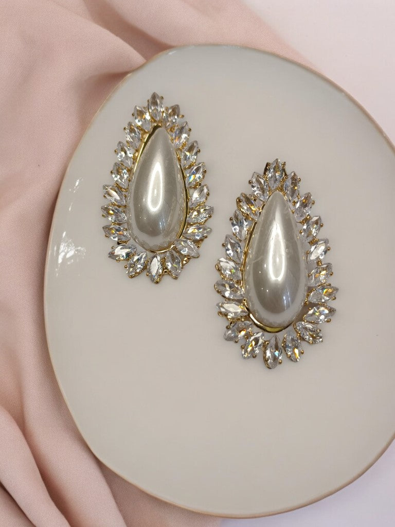 GOLD DROP PEARL WITH TENNIS DIAMOND EDEN EARRINGS
