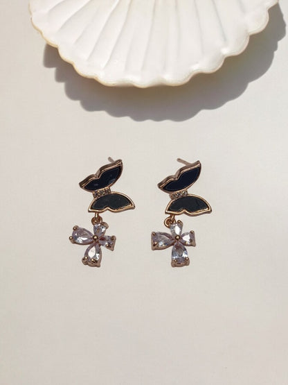 BLACK BUTTERFLY WITH DIAMOND FLOWER CHARMIE EARRINGS