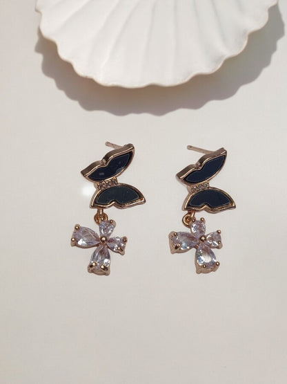 BLACK BUTTERFLY WITH DIAMOND FLOWER CHARMIE EARRINGS