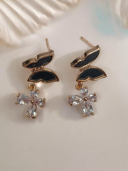 BLACK BUTTERFLY WITH DIAMOND FLOWER CHARMIE EARRINGS