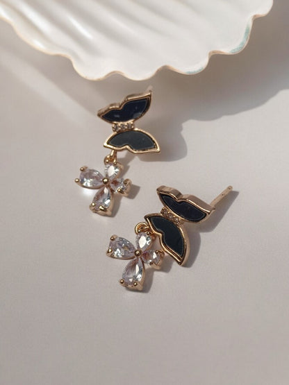 BLACK BUTTERFLY WITH DIAMOND FLOWER CHARMIE EARRINGS