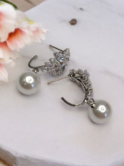 SILVER DIAMOND WITH HANGING PEARL NOELLE EARRINGS