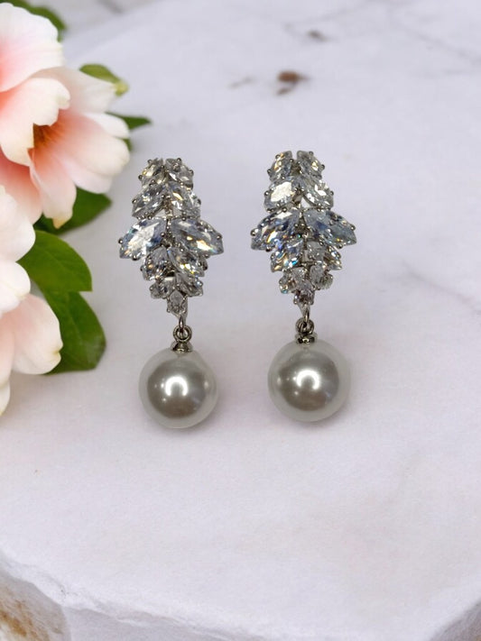 SILVER DIAMOND WITH HANGING PEARL NOELLE EARRINGS