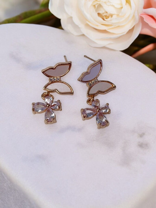 WHITE BUTTERFLY WITH DIAMOND FLOWER CHARMIE EARRINGS