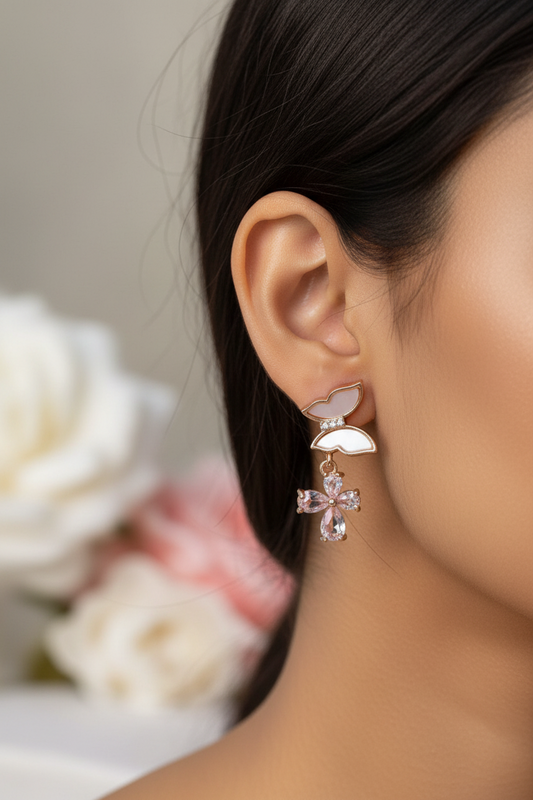 WHITE BUTTERFLY WITH DIAMOND FLOWER CHARMIE EARRINGS