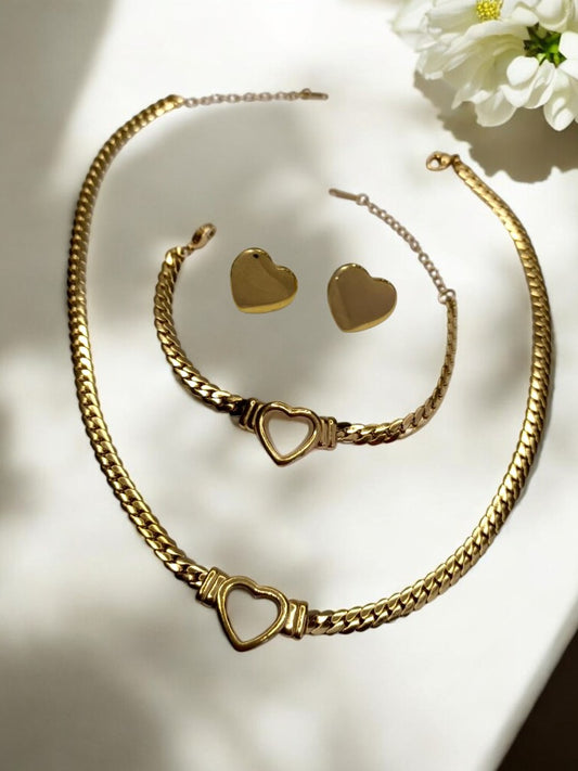 GOLD HEART KIMONE NECKLACE,EARRINGS AND BRACELET (COMBO)