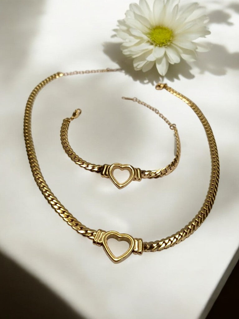 GOLD HEART KIMONE NECKLACE,EARRINGS AND BRACELET (COMBO)
