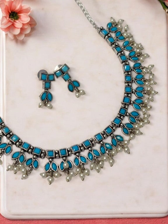 BLUE DHRIYA GERMAN SILVER JEWELLERY SET