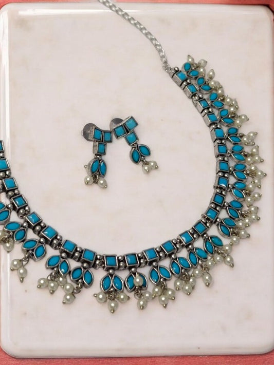 BLUE DHRIYA GERMAN SILVER JEWELLERY SET