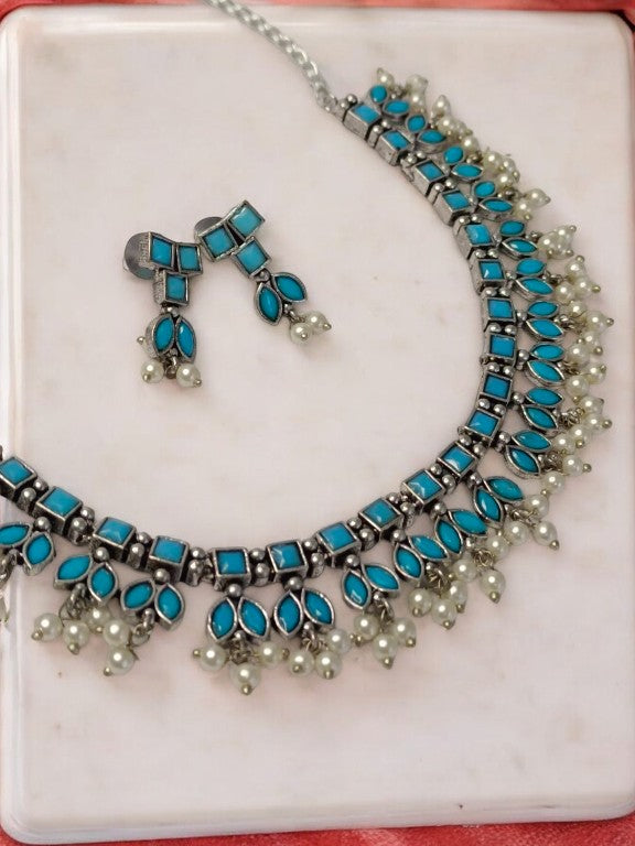 BLUE DHRIYA GERMAN SILVER JEWELLERY SET