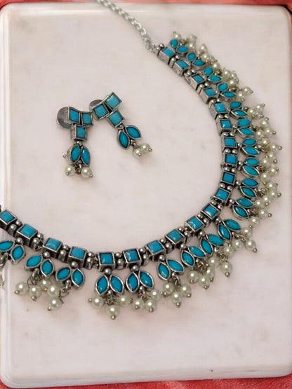 BLUE DHRIYA GERMAN SILVER JEWELLERY SET