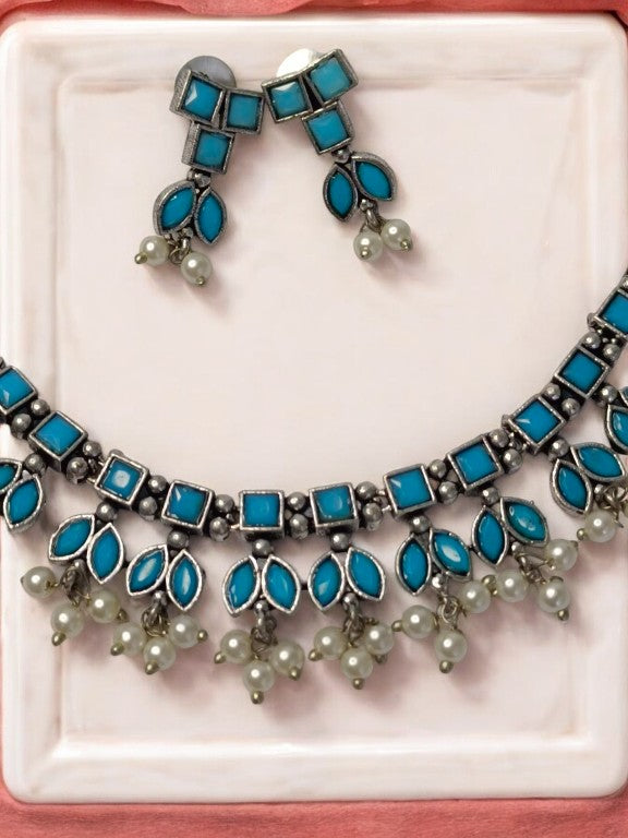 BLUE DHRIYA GERMAN SILVER JEWELLERY SET