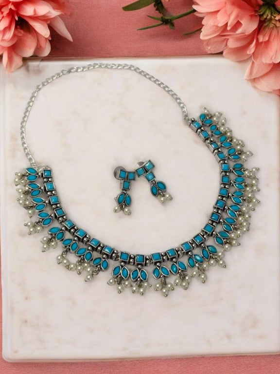 BLUE DHRIYA GERMAN SILVER JEWELLERY SET