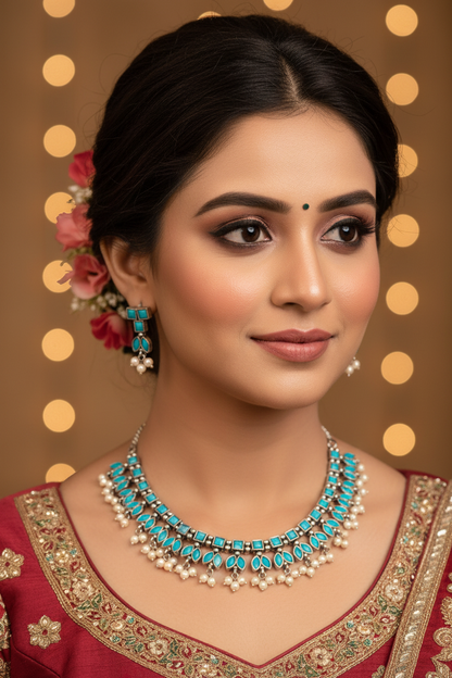 BLUE DHRIYA GERMAN SILVER JEWELLERY SET