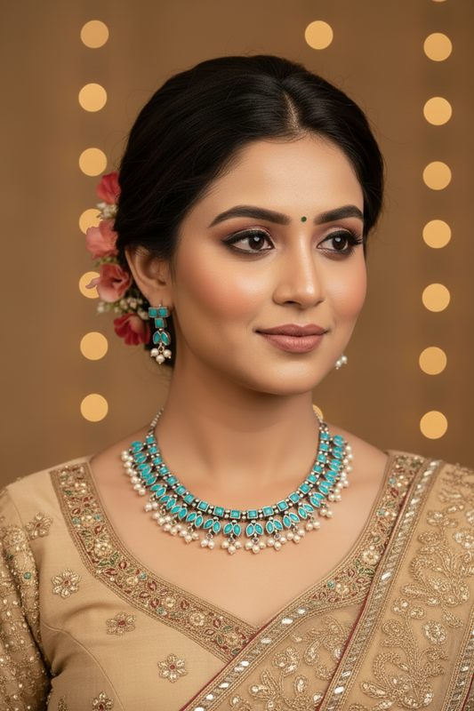 BLUE DHRIYA GERMAN SILVER JEWELLERY SET