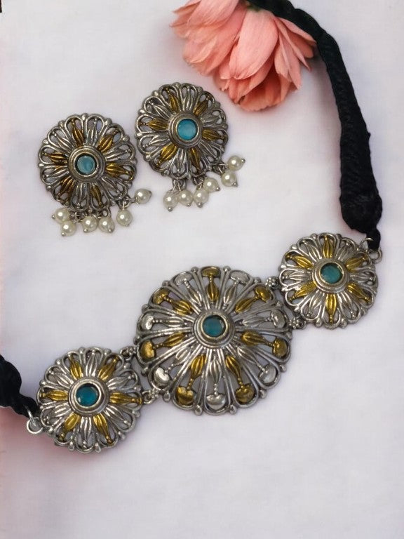 SKY BLUE DHRUVIKA GERMAN SILVER JEWELLERY SET