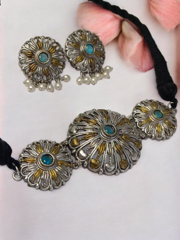 SKY BLUE DHRUVIKA GERMAN SILVER JEWELLERY SET