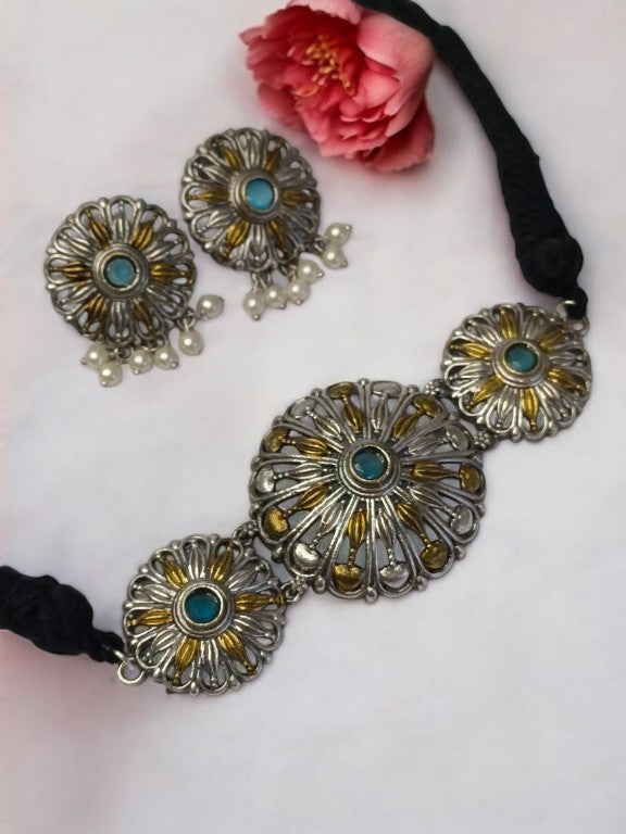 SKY BLUE DHRUVIKA GERMAN SILVER JEWELLERY SET
