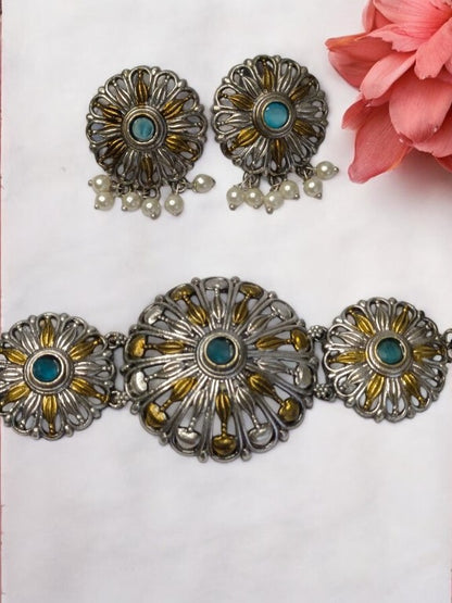 SKY BLUE DHRUVIKA GERMAN SILVER JEWELLERY SET