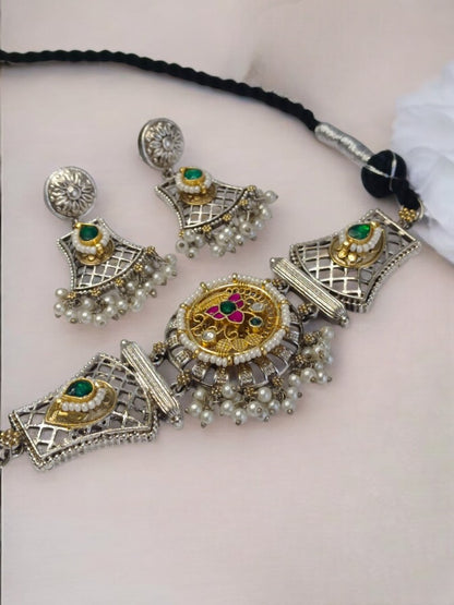 GREEN AND PINK AARIVA GERMAN SILVER JEWELLERY SET