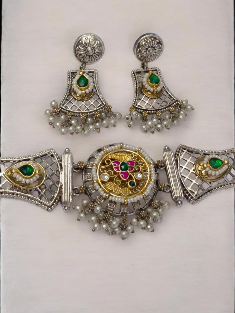 GREEN AND PINK AARIVA GERMAN SILVER JEWELLERY SET