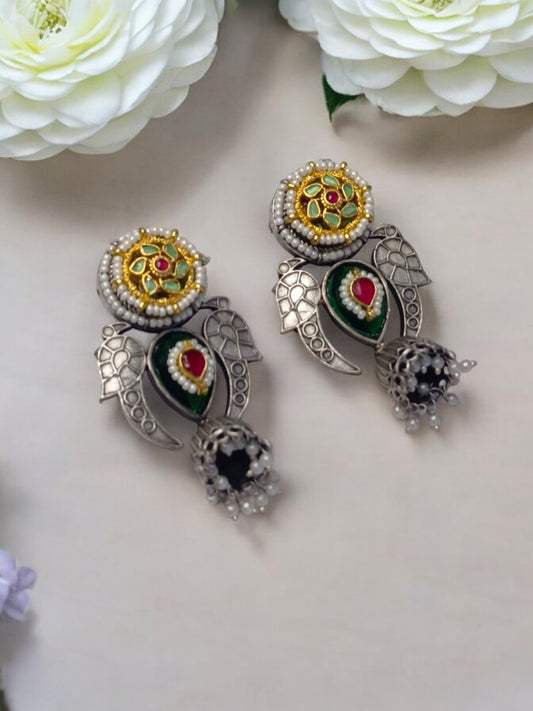 GREEN AND RUBY ADRINA GERMAN SILVER EARRINGS