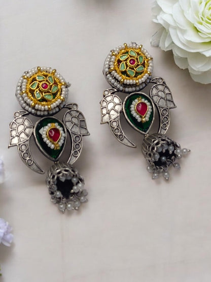 GREEN AND RUBY ADRINA GERMAN SILVER EARRINGS