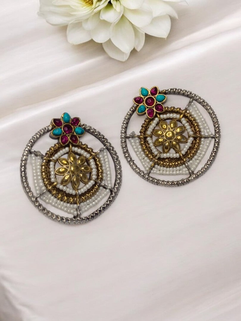SKY BLUE AND RUBY PRATIKSHA GERMAN SILVER EARRINGS