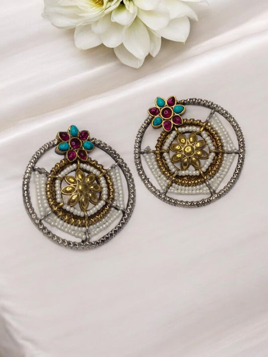 SKY BLUE AND RUBY PRATIKSHA GERMAN SILVER EARRINGS