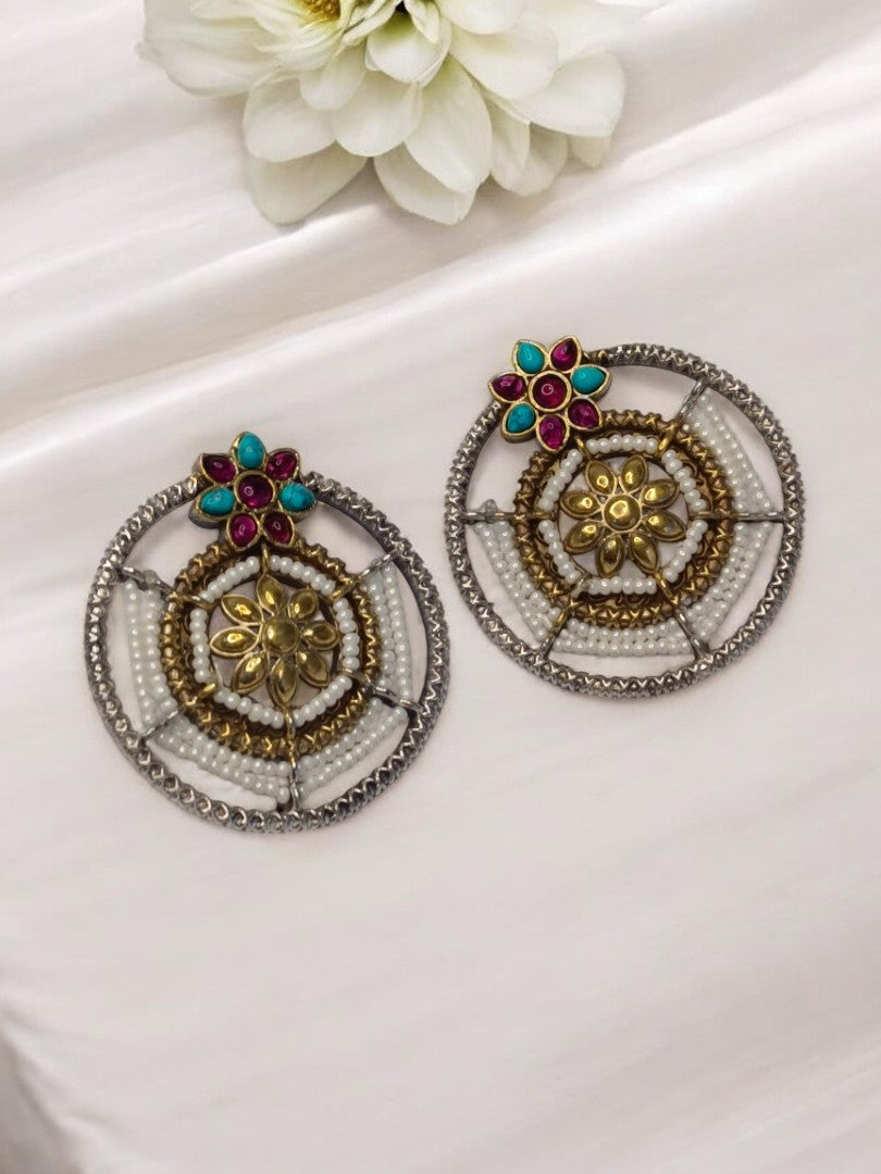 SKY BLUE AND RUBY PRATIKSHA GERMAN SILVER EARRINGS
