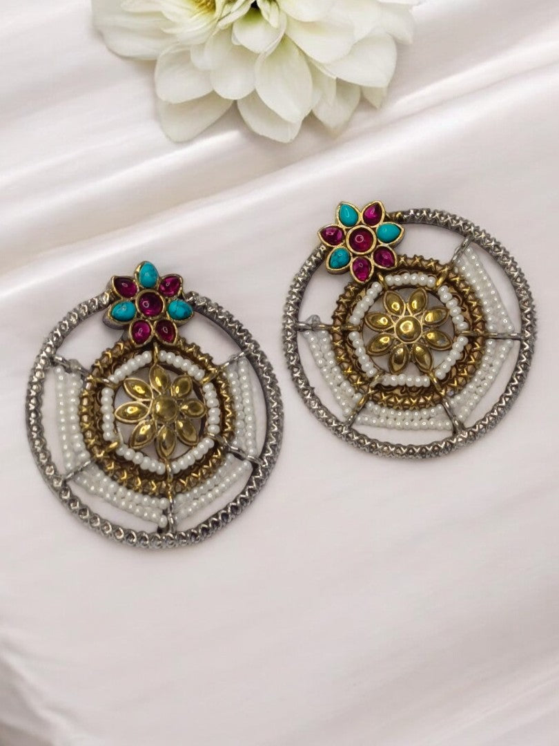 SKY BLUE AND RUBY PRATIKSHA GERMAN SILVER EARRINGS