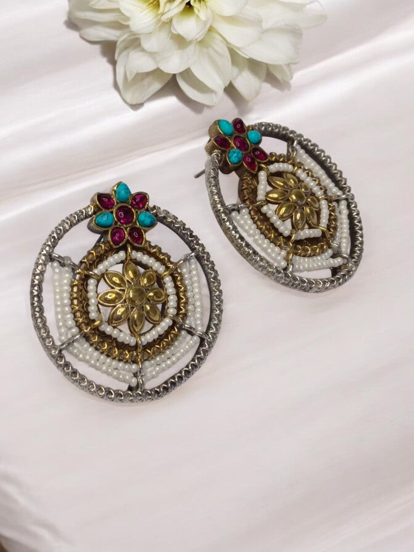 SKY BLUE AND RUBY PRATIKSHA GERMAN SILVER EARRINGS