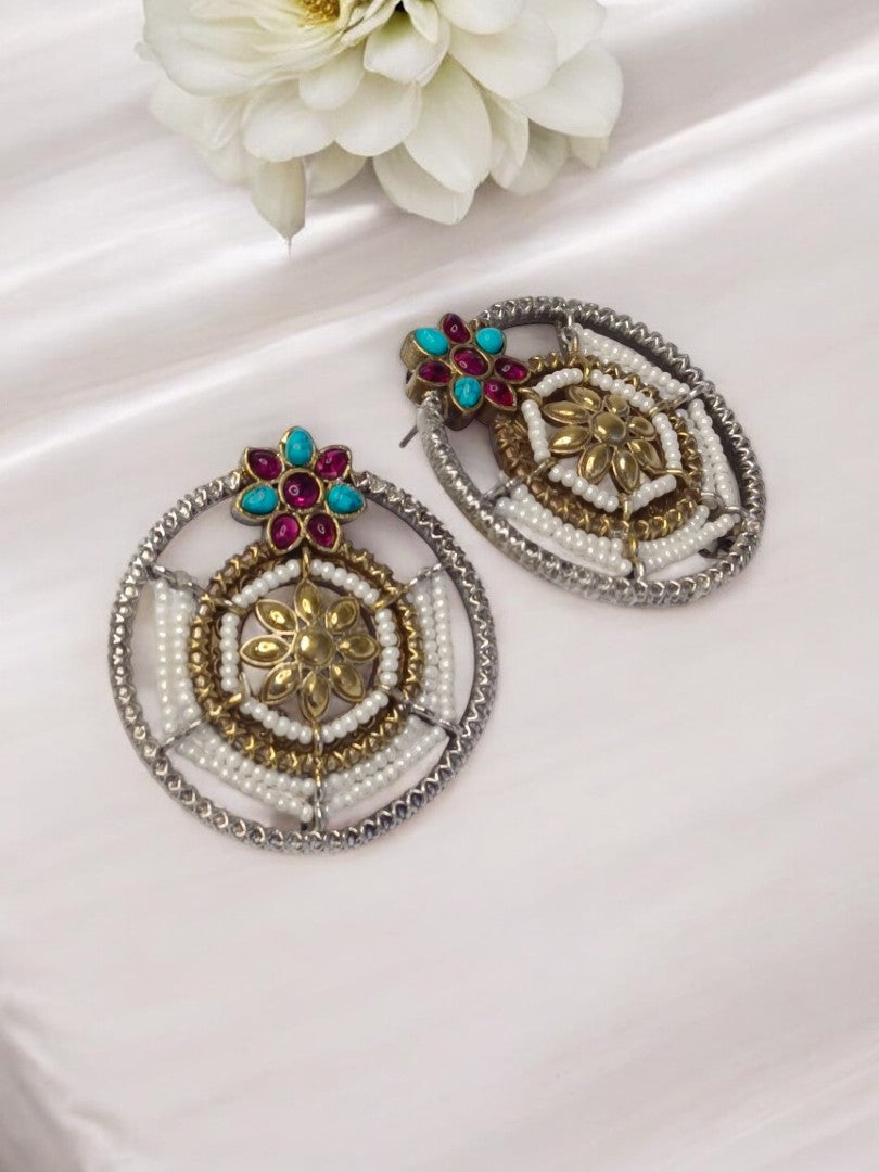 SKY BLUE AND RUBY PRATIKSHA GERMAN SILVER EARRINGS