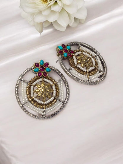 SKY BLUE AND RUBY PRATIKSHA GERMAN SILVER EARRINGS