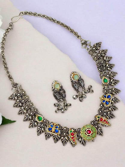 LIGHT GREEN NAKSHIKHA GERMAN SILVER JEWELLERY SET