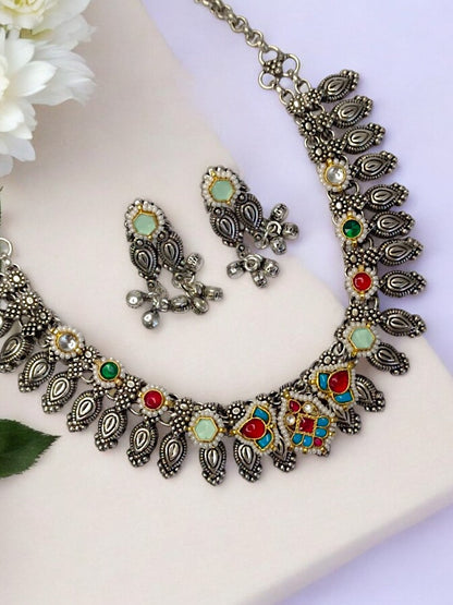 RUBY AND SKY BLUE LESHWINI GERMAN SILVER JEWELLERY SET